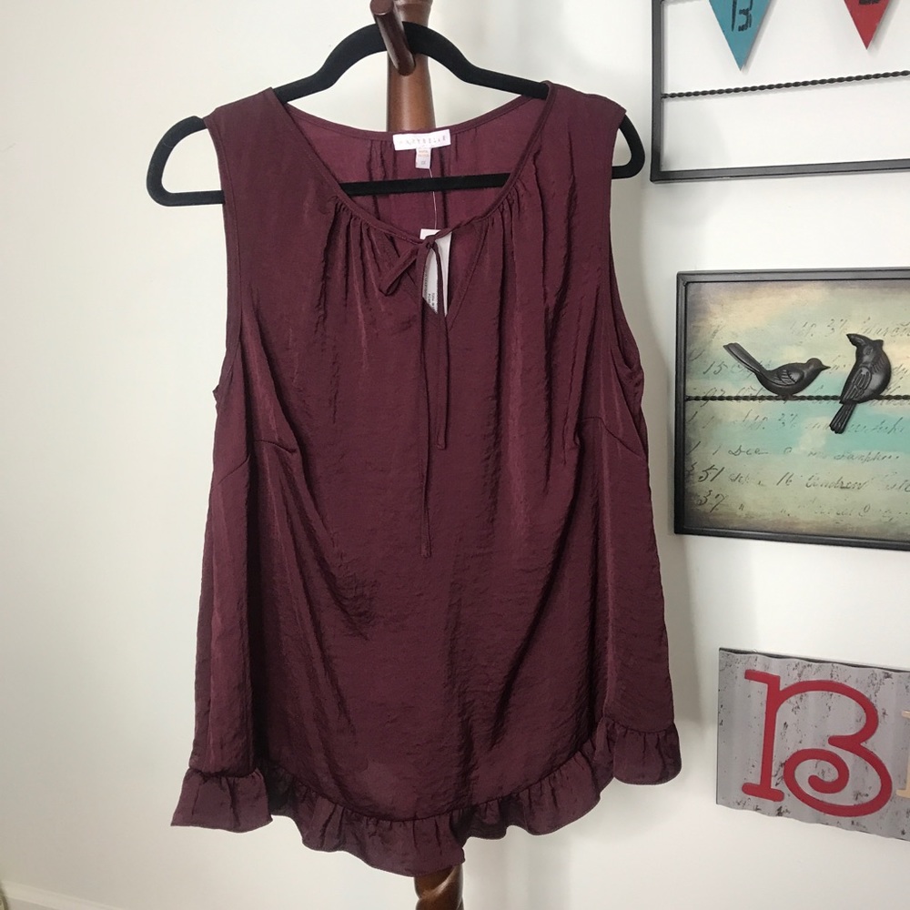MaryBelle burgundy sleeveless ruffled hem top